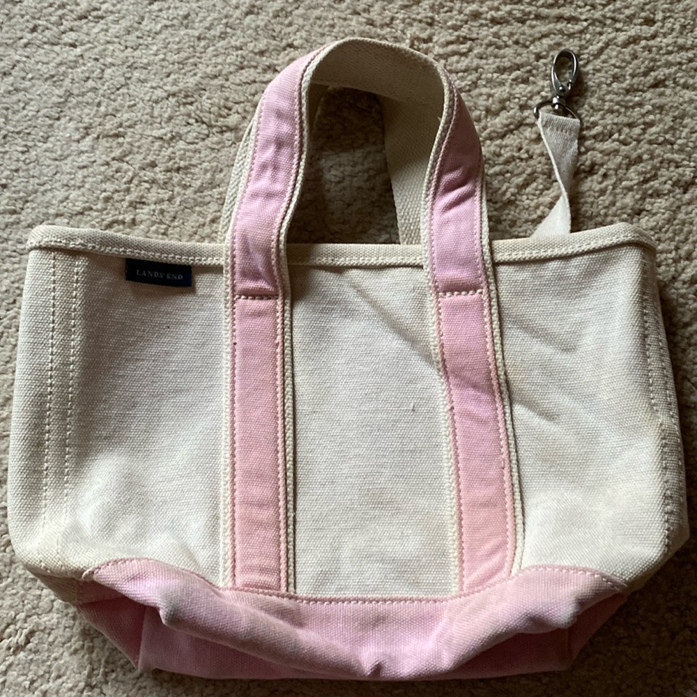 Lands' End Small Canvas Tote Bag Cream and Pink Purse Beach